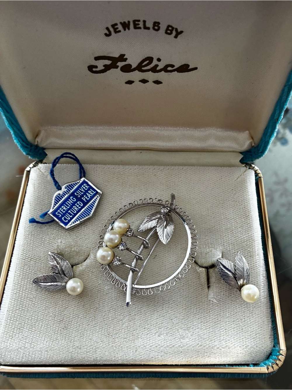 Sterling Silver Pearl Leaf Brooch and Earring Set - Ivory Pearls
